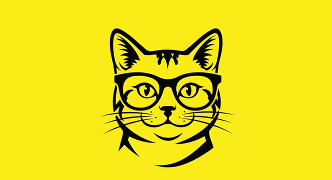 Black line art cat wearing glasses on yellow background.