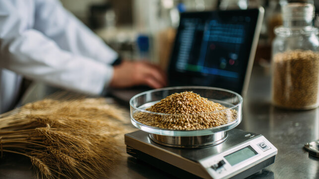 Scientist weighing wheat grain samples on a digital scale in a laboratory with a laptop computer