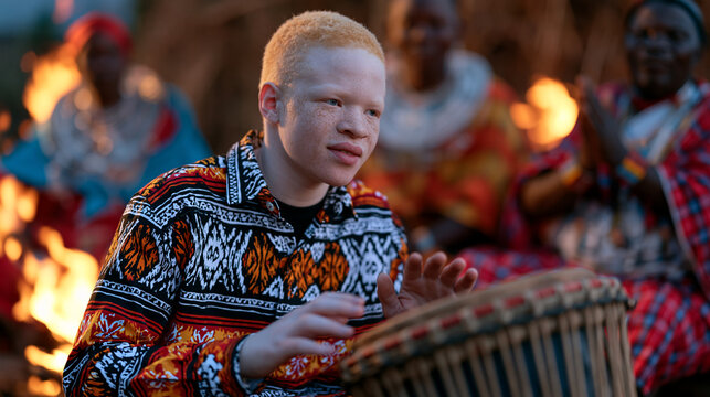 Albinism awareness moment as a teenage boy with albinism practices traditional drumming at an indigenous cultural ceremony, elders watching with approval, late afternoon firelight catching the cerem