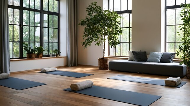 A serene indoor setting focused on the theme of yoga and mindful physical practice