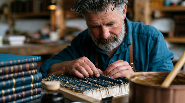 Artisan bookbinder stitches folded signatures onto a sewing frame in a heritage bindery workshop, animal-hide glue warming in a pot beside finished leather-covered volumes, depicting traditional boo
