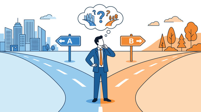 Businessman choosing between two paths at a crossroads