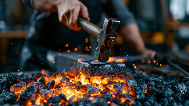 Artisan knife-smith hammers a heated steel billet on an anvil in a forge lit only by the glow of the coal fire, conveying traditional blacksmithing, heritage blade production, handcrafted cutlery ma