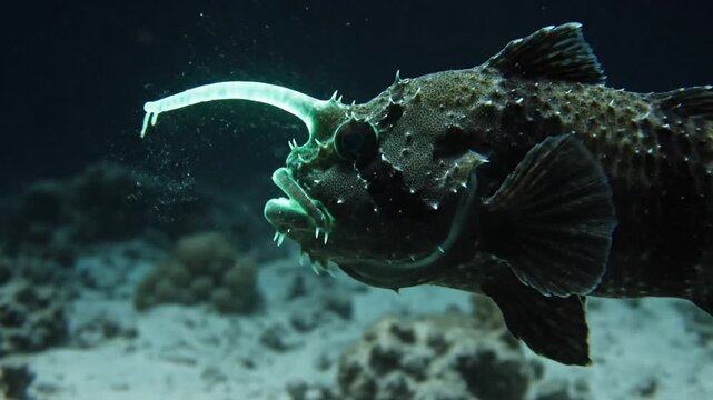 An anglerfish with its bioluminescent lure glowing in the deep, dark ocean waters