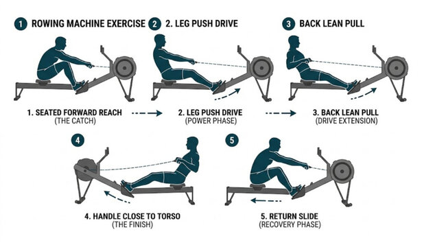 Fitness Rowing Workout Motion Breakdown &ndash; Athlete Silhouette Performing Five Distinct Stages on Rowing Machine