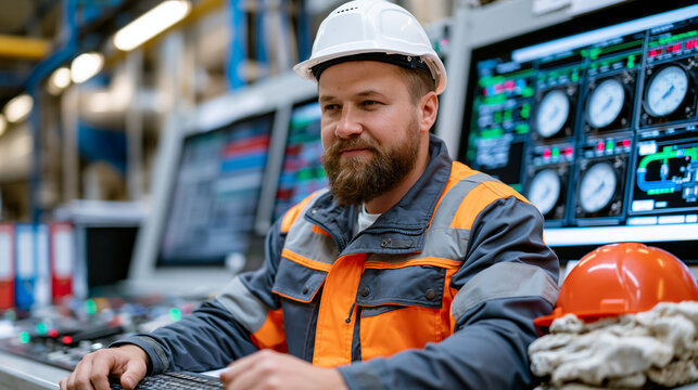 Chemical plant control room operator monitors reactor pressure gauges and digital flow displays across an industrial distributed control system panel, hard hat and chemical-resistant gloves ready be