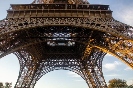 The metal structure of the Eiffel Tower is a landmark of 19th-century engineering. Paris, France
