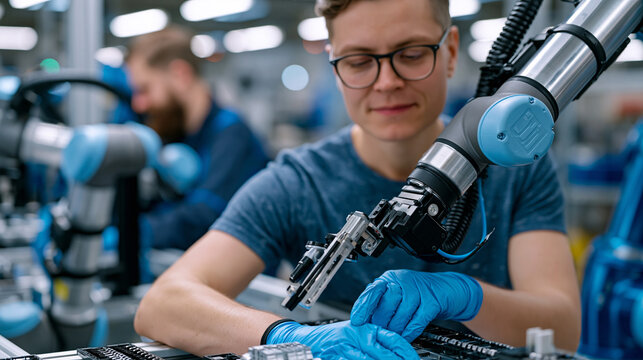 Cobots and human assembly workers share a modular production cell in a smart factory, safety barriers absent as sensors ensure safe cooperation, depicting next-generation human-robot teaming, flexib