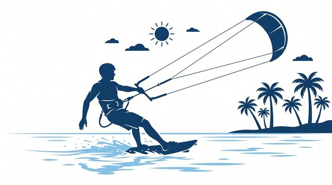 Man kitesurfing on ocean waves with palm trees and sun in background