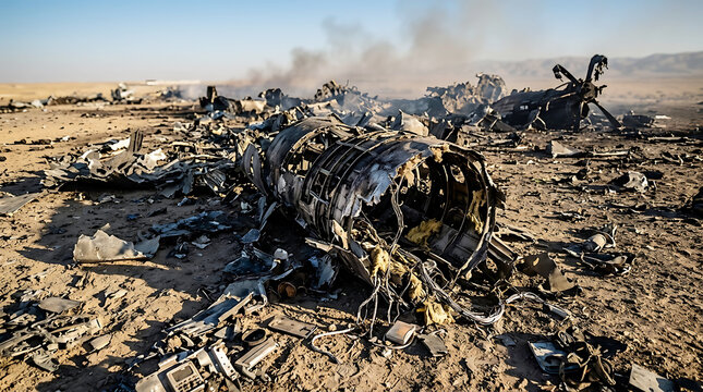 Destroyed military airplane wreckage scattered in the desert after missile strike