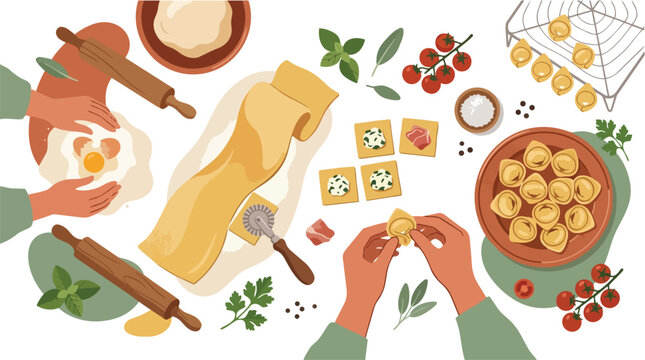 Top view of hands preparing homemade ravioli pasta with fresh ingredients.
