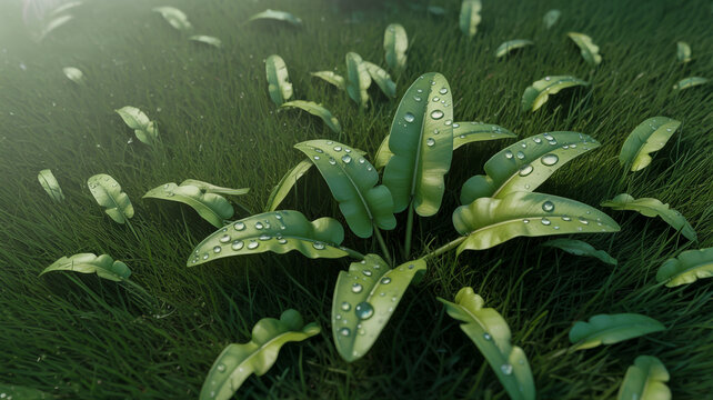 Fresh green basil leaves with water droplets