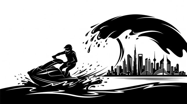 A person rides a jet ski through a large wave near a city skyline.