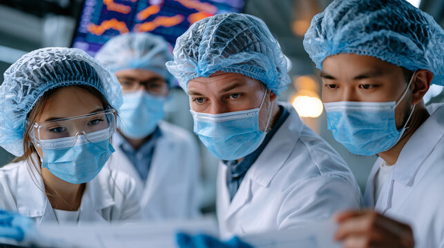 Diverse pharmaceutical manufacturing team participates in a deviation investigation review around a cleanroom antechamber corridor, corrective action tracking system displayed on a mounted screen as