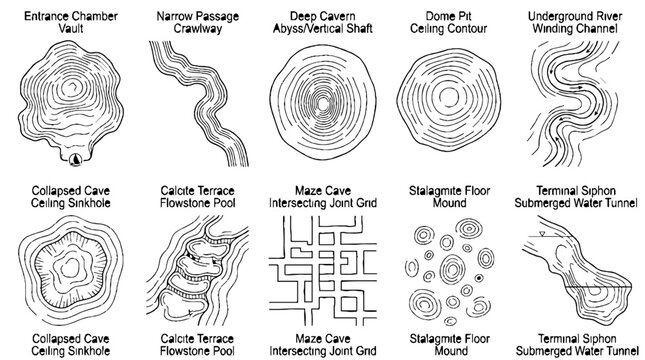 Collection of Speleology Symbols and Cave Mapping Topography Icons for Geological Surveying.