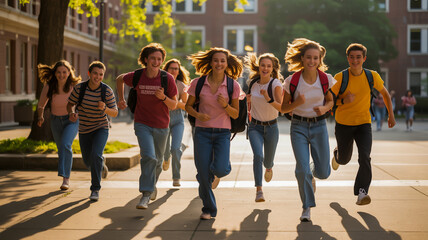 Naklejka premium Group of friends running joyfully on a sunny street