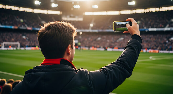 Young male fan recording live football match with smartphone in crowded stadium during sunset.