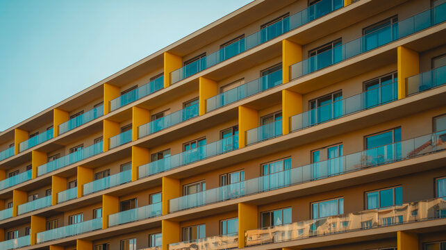 Modern apartment building with balconies under clear sky