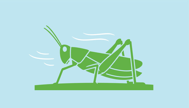 Simple green graphic illustration of a grasshopper jumping in a grassy environment against a light blue background.