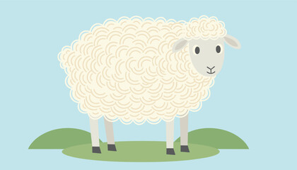 Obraz premium Simple illustration of a fluffy white sheep standing on green hills against a light blue sky background in a flat art style.