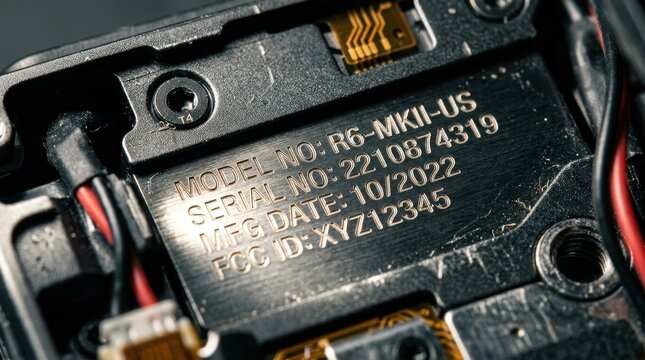 Laser-Etched Model Serial Number Plate on Electronic Device with Detailed Engravings Featuring Engraving, Close-Up, Macro Photography with Sharp