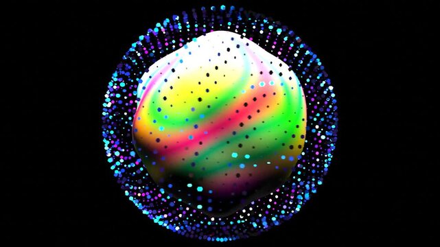 8 seconds seamless morphing globe changing shape floating satellites animation screensaver visualiser motion graphics HD video black background 