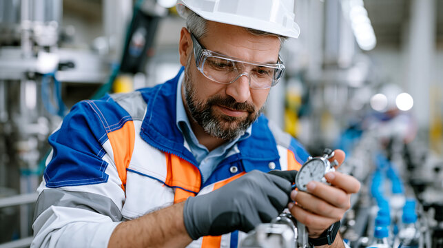 Lean manufacturing value engineer times a motion study on the shop floor with a stopwatch, observing an operator's repetitive packaging cycle, depicting time-and-motion analysis, ergonomic workflow 