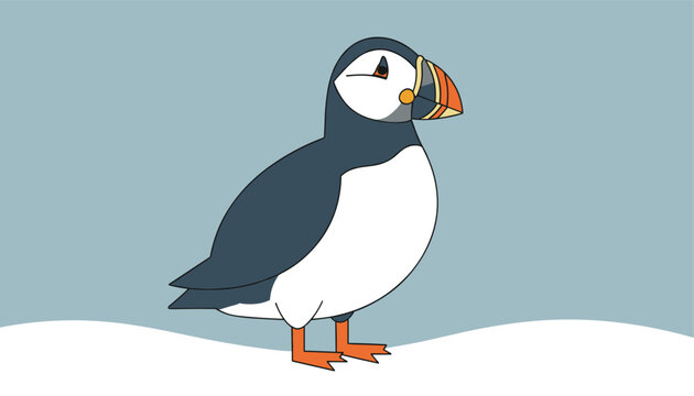 A solitary Atlantic puffin standing on snowy ground, illustrated in a charming, clean, and simple cartoon style against a soft blue background.