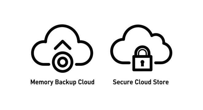 Cloud computing and data security icons featuring cloud backup upload and encrypted storage padlock symbols security encryption internet computing technology database transfer