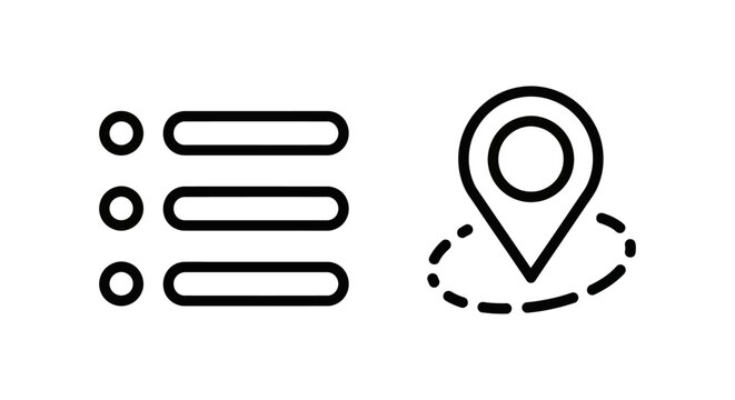 Waypoint list and map navigation pin point icons for location tracking and travel mapping applications with waypoint navigation location tracking position destination interface
