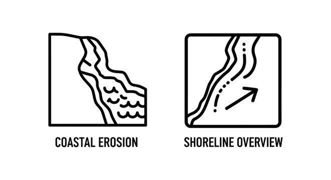 Coastal erosion and shoreline overview geoscience icons with shoreline environment geography landscape monitoring monochrome isolated research formation geomorphology