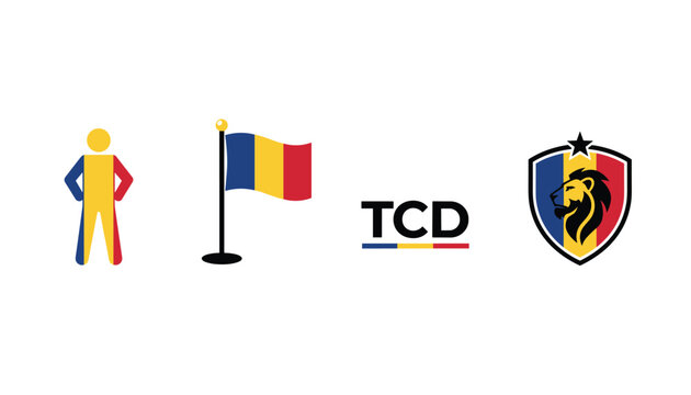 Set of four icons related to Chad including a stylized person, flag on a pole, TCD text with flag colors, and a lion shield crest, reflecting national symbols.