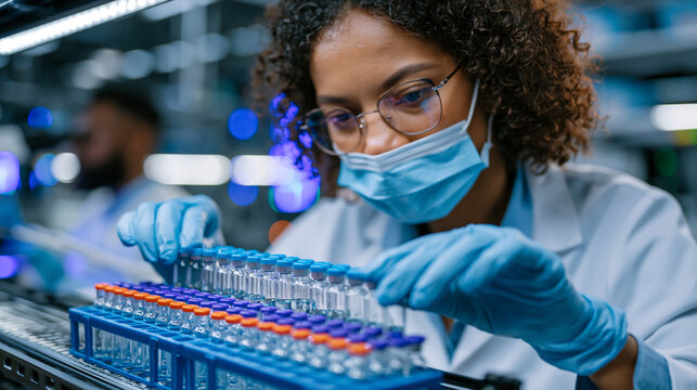 Pharmaceutical quality assurance analyst examines a batch of injectable vials under polarized lighting in a sterile inspection suite, conveying FDA-compliant drug manufacturing, biopharmaceutical qu
