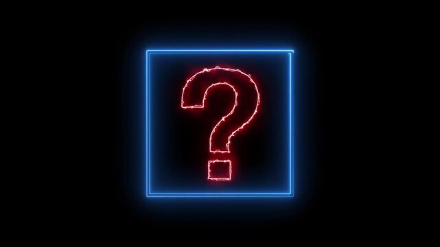 Glowing Red Neon Question Mark inside Blue Electric Square Border Loop - Burning Symbol Video Loops