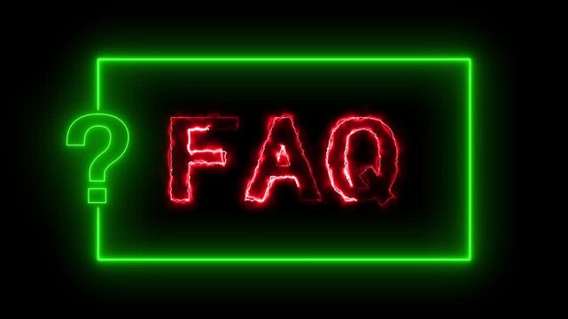 Glowing Red Burning FAQ Text Green Neon Question Mark Rectangular Frame Loop - Black Backgrounds