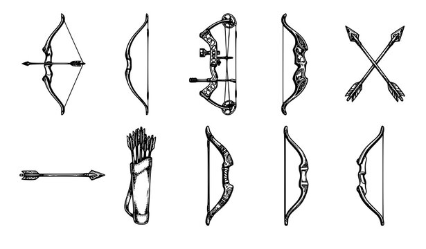 Sketch Drawing Bow and Arrow Collection with Subtle 3D Extruded Effect Black and White Vector Set