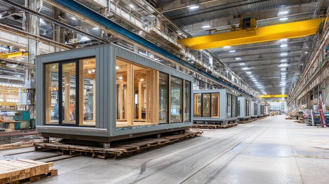 Modular housing units on an assembly line in a large factory, showcasing modern prefabrication and construction processes.
