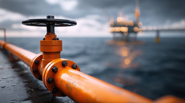 Close-up of an industrial orange pipeline valve on an offshore platform with ocean and distant illuminated oil rig blurred in the background under cloudy skies