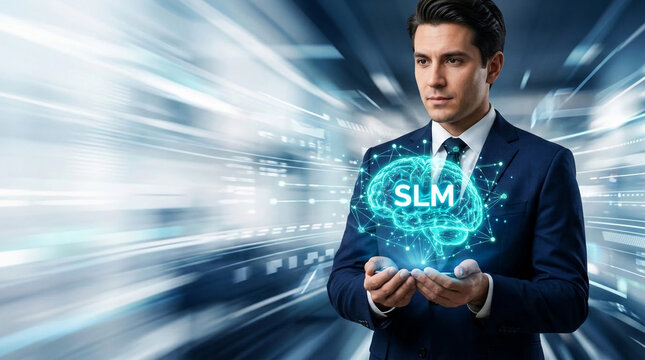 A man in a suit holds a glowing brain with "SLM" text, symbolizing knowledge and innovation, against a futuristic blue abstract background