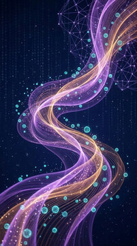 Swirling digital waves of purple and gold with glowing particles and spheres against a dark, binary code background, symbolizing data flow and connectivity.