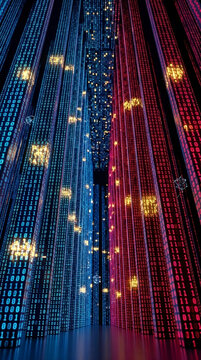 Vertical columns of blue and red binary code illuminated with yellow light, representing data flow and digital networks, ideal for technology concepts
