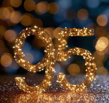 Glowing golden light string shaped as number ninety-five with bokeh background for festive or milestone celebration theme