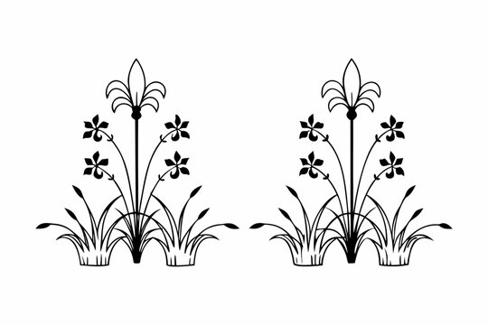 Flowers with long stems and grass are arranged in a symmetrical pattern as a clean graphic illustration.