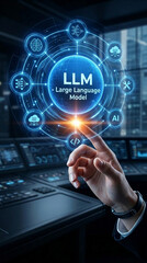 Fototapeta premium Digital globe with LLM text and AI icons around a human finger touching code, symbolizing intelligent technology and data analysis in a modern control room