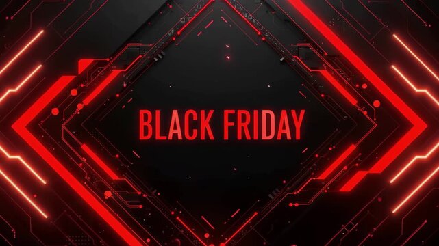 Black friday sale promotion background with glowing red neon light frame. Digital geometric cyber element for shopping event advertisement and electronic marketing.