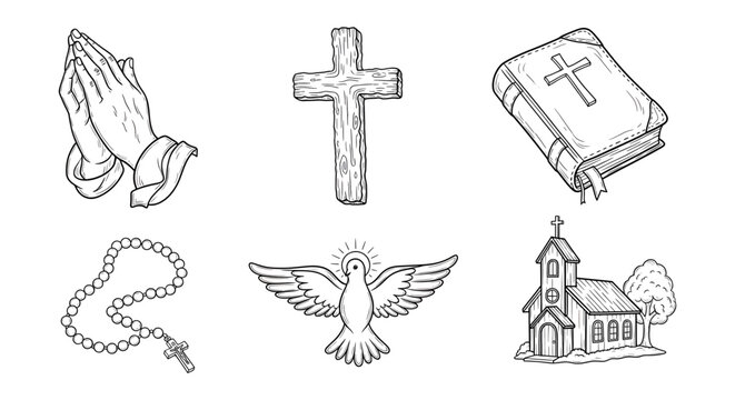 Christian religious symbols including praying hands, cross, bible, rosary and church