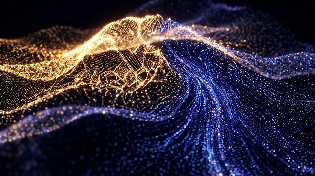 Abstract flowing digital particles in warm gold and cool blue, creating a dynamic wave effect, symbolizing data flow, energy, or cosmic motion