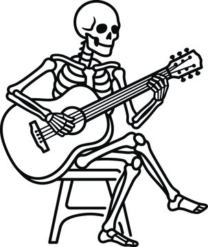 Skeleton playing guitar vector icon line art with skeleton musician acoustic