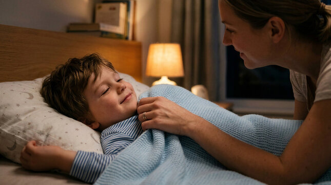 Mother tucking her child into bed at night with a warm and loving atmosphere
