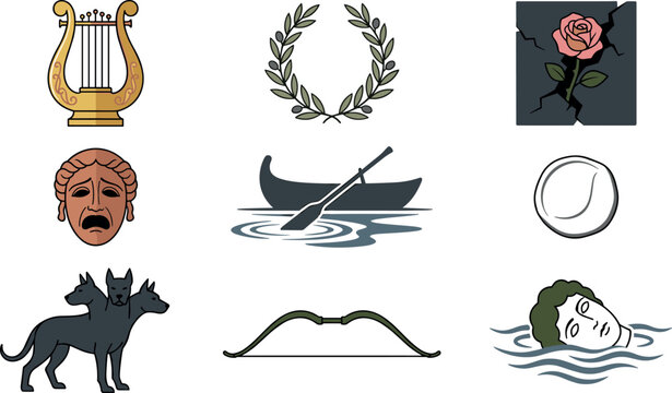 Greek Mythology and Underworld Symbol Vector Set Featuring Cerberus, Lyre, Laurel Wreath, Charon Boat, Tragedy Mask, and Narcissus Icons for Historical Designs